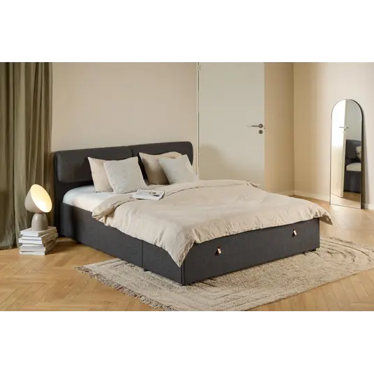 Calvi bed, Headboard dark grey Basel 19, Base steel matt black, 160x200cm