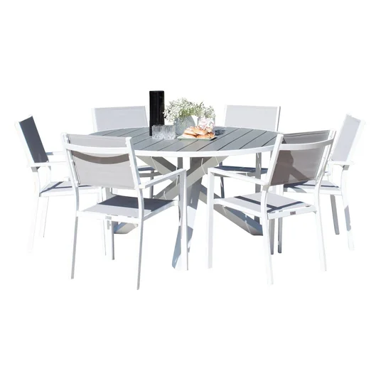 Parma Dining Table ø140 - White Alu / Grey Aintwood+Copacabana Arm Chair (stacka