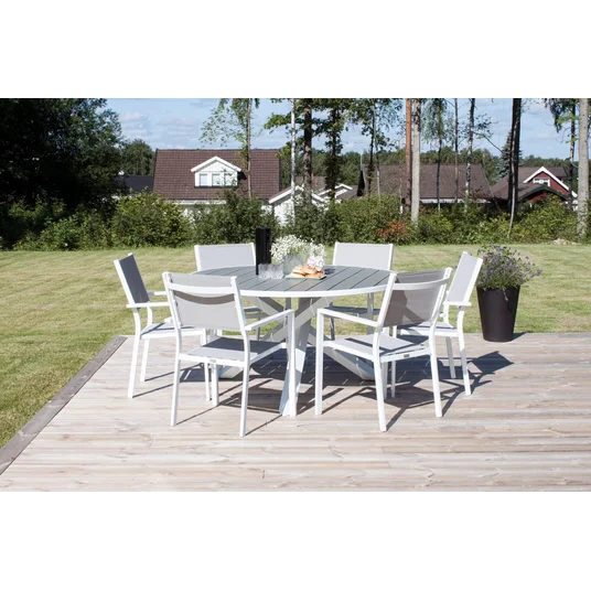 Parma Dining Table ø140 - White Alu / Grey Aintwood+Copacabana Arm Chair (stacka