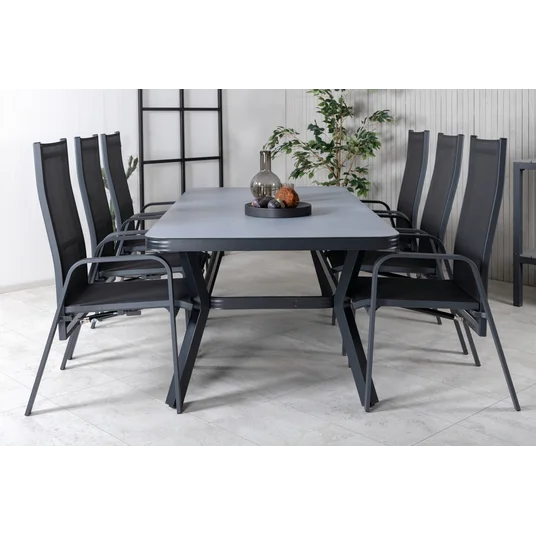 Virya Dining Table - Black Alu / Grey Glass - big table+Copacabana Recliner Chair - Black/Black_6
