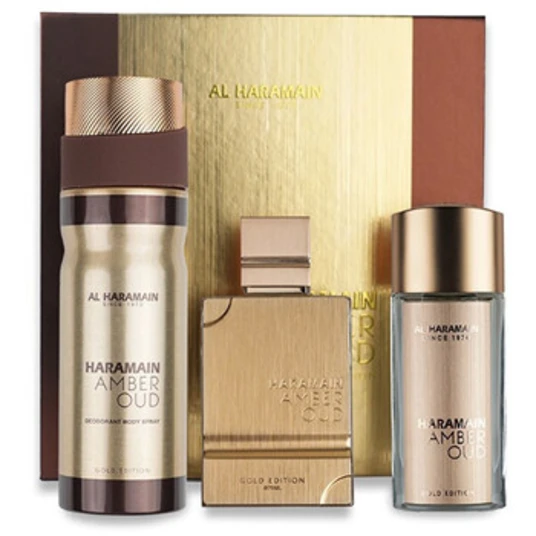 Rinkinys moterims/vyrams Al Haramain Amber Oud Gold Edition Extreme Extrait de Parfum 75 ml + Extrait de Parfum 30 ml + kūno šydas 250 ml