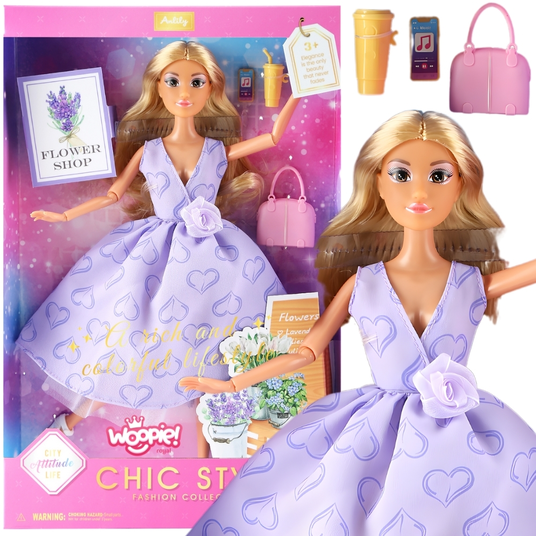 WOOPIE ROYAL Nukk Lily Pikkade blondide juustega 30 cm Lavendel kleit Aksessuaarid