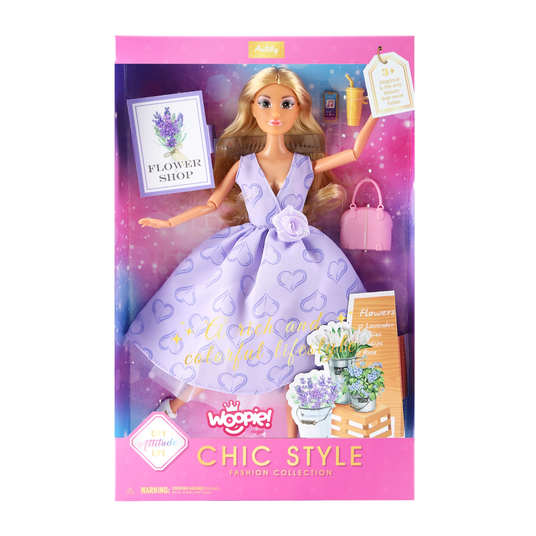 WOOPIE ROYAL Nukk Lily Pikkade blondide juustega 30 cm Lavendel kleit Aksessuaarid