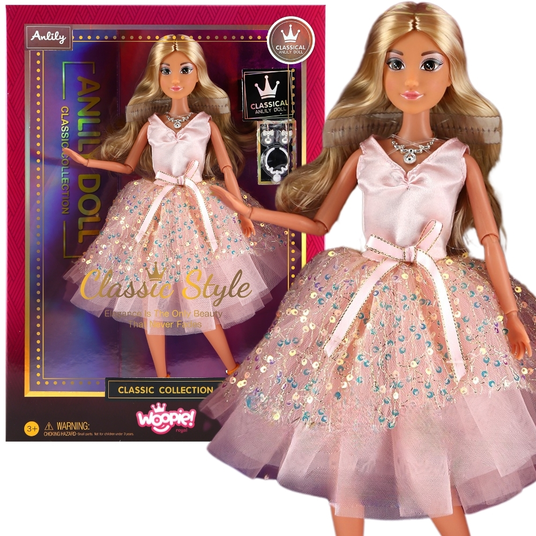 WOOPIE ROYAL Nukk Lily 30 cm Pikad blondid juuksed Roosa kleit Ehted