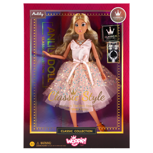 WOOPIE ROYAL Nukk Lily 30 cm Pikad blondid juuksed Roosa kleit Ehted