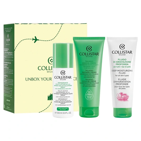 COLLISTAR_SET Xmas 2025 Unbox Your Confidence Anti-Water Talasso-Scrub puhastav kehakoorimine meresoolaga 150g + IDROATTIVA+ Fresh Water Moisturising Cream Värskendav niisutav näokreem 15ml + Deep Moisturising Liquid Nawi