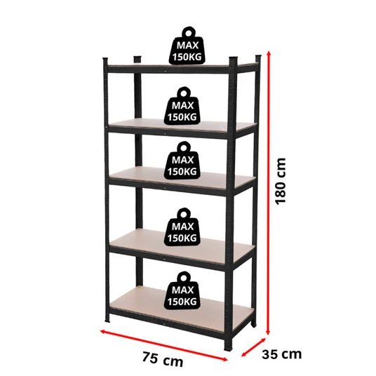 Hoiuriiul - riiul 180x75x35 cm, 150 kg, must