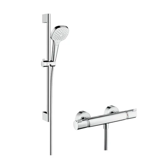 Hansgrohe Croma Select E – dušo rinkinys Vario su termostatiniais maišytuvais, dušo strypas 65 cm, 3 srove, baltas / chromuotas 27081400