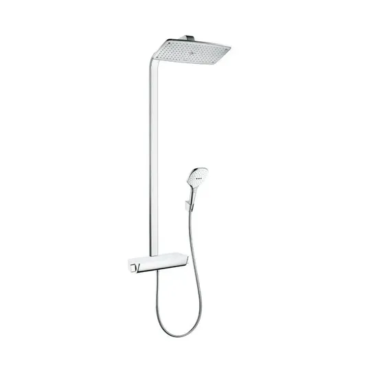 Hansgrohe Raindance Select E – dušo kolona Showerpipe 360 su termostatiniais maišytuvais, EcoSmart 9 l/min, balta / chromuota 27286400