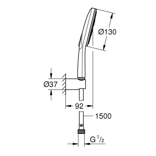 Grohe Rainshower SmartActive – sieninis laikiklis 130 9,5 l/min, 3 srovių tipai, laikiklis ir žarna, chromas 26581000