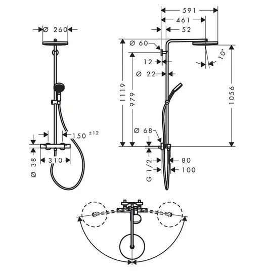Hansgrohe Pulsify S Puro - dušas komplekts ar termostatu, diametrs 26 cm, 3 strūklu veidi, matēta bronza 24237140