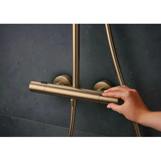 Hansgrohe Pulsify S Puro - dušas komplekts ar termostatu, diametrs 26 cm, 3 strūklu veidi, matēta bronza 24237140