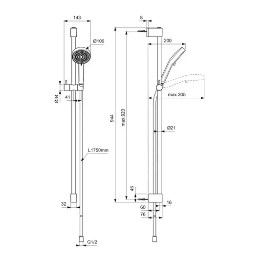 Ideal Standard Idealrain – rankinio dušo, stovo ir žarnos rinkinys, 2 srovių tipai, chromas BE236AA