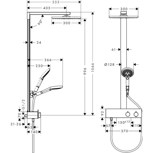 Hansgrohe Raindance E – dušo rinkinys su termostatu, 30x30 cm, EcoSmart, matinė juoda 27362670