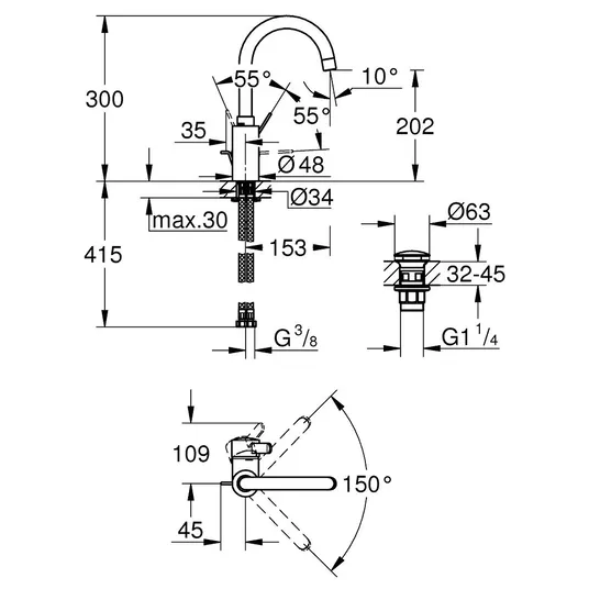 Grohe Eurosmart Cosmopolitan - termostaatiline valamusegisti Push-Open väljalaskega, kroom 23933001