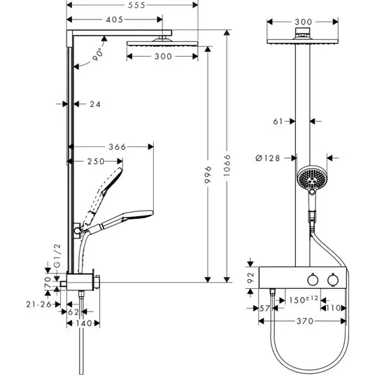Hansgrohe Raindance E – dušo rinkinys su termostatu, 30x30 cm, matinis baltas 27361700