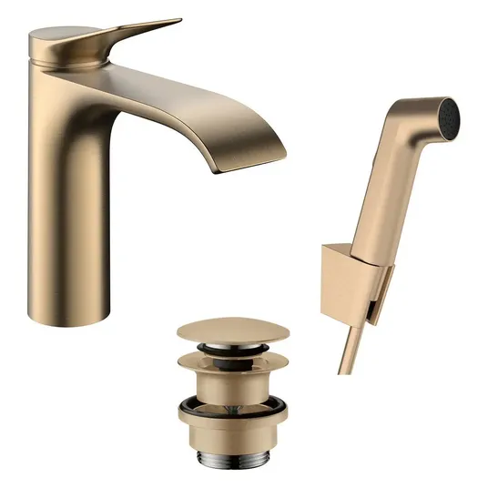 Hansgrohe Vivenis – praustuvo maišytuvas su „Push-Open“ išleidimo komplektu ir bidė dušo galvute, EcoSmart, šlifuotas bronzos spalvos 75210140