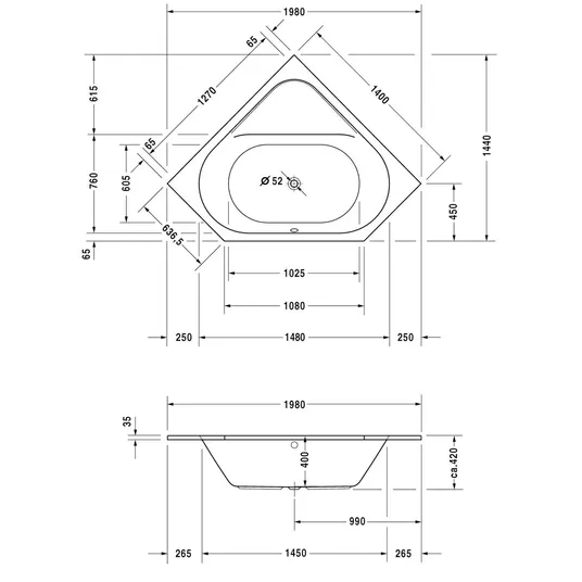 Duravit D-Code - Kampinė vonia 140x140 cm, balta 700137000000000