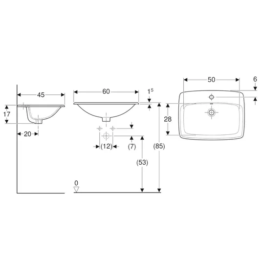 Geberit Selnova Square praustuvas 60x45 cm, su perpildymo anga, maišytuvo skyle, baltas 500.307.01.7