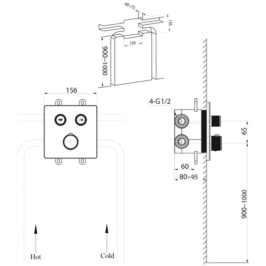 Sapho Smart Select – į sieną įmontuojamas termostatinis maišytuvas, skirtas 2 vartotojams, su montavimo korpusu, juodas matinis RP042B