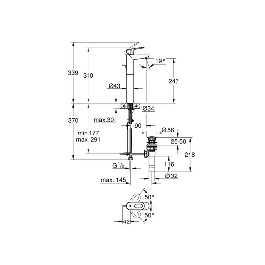 Grohe BauLoop - Kraan püstise valamu jaoks, äravooluklapiga, kroomitud 32856000