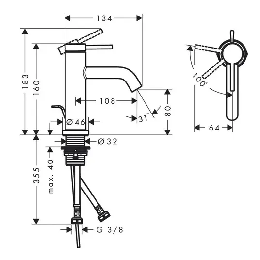 Hansgrohe Tecturis S – praustuvo maišytuvas su išleidimo komplektu, CoolStart, EcoSmart, chromas 73302000