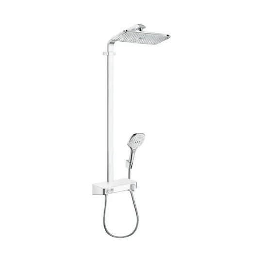 Hansgrohe Raindance Select E – dušo kolona Showerpipe 360 su termostatiniais maišytuvais ShowerTablet Select 300, balta / chromuota 27288400
