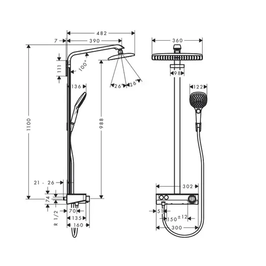 Hansgrohe Raindance Select E – dušo kolona Showerpipe 360 su termostatiniais maišytuvais ShowerTablet Select 300, balta / chromuota 27288400