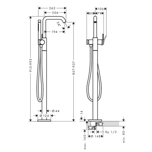 Hansgrohe Tecturis S – vonios maišytuvas, montuojamas ant grindų, chromas 73440000