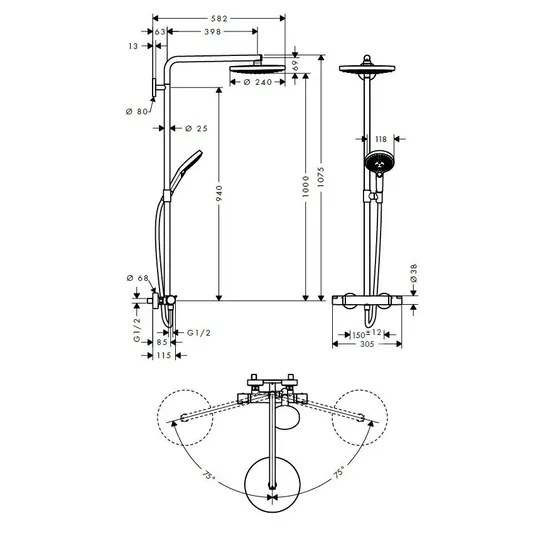 Hansgrohe Raindance Select S – dušo kolona su termostatiniais maišytuvais 24 cm, 2 srove, chromuota 27129000