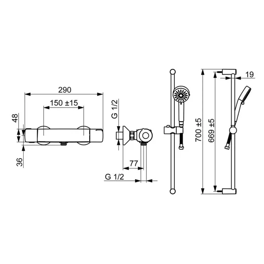 Hansa Basic – dušo komplektas su termostatu, 3 srovių tipais, chromuotas 55150131