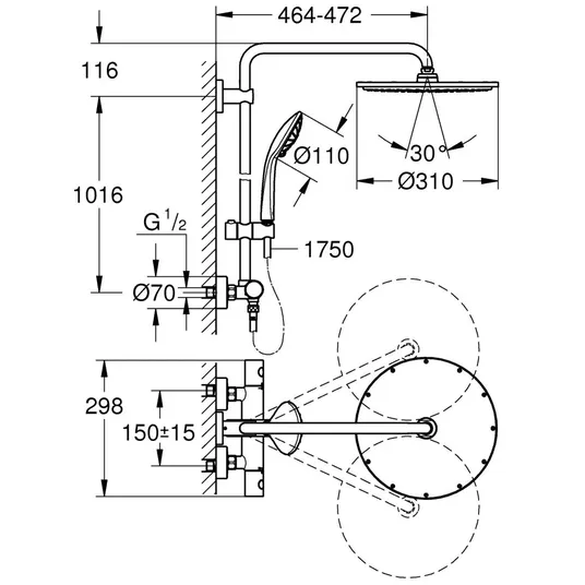 Grohe Euphoria - Dušisüsteem 310 termostaatilise segistiga kraanidega - seinale paigaldatav, soe päikeseloojang 26075DA0
