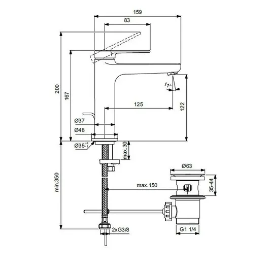 Ideal Standard Cerafine Nuovo – praustuvo maišytuvas su išleidimo vožtuvu, šilkinė juoda BD909XG