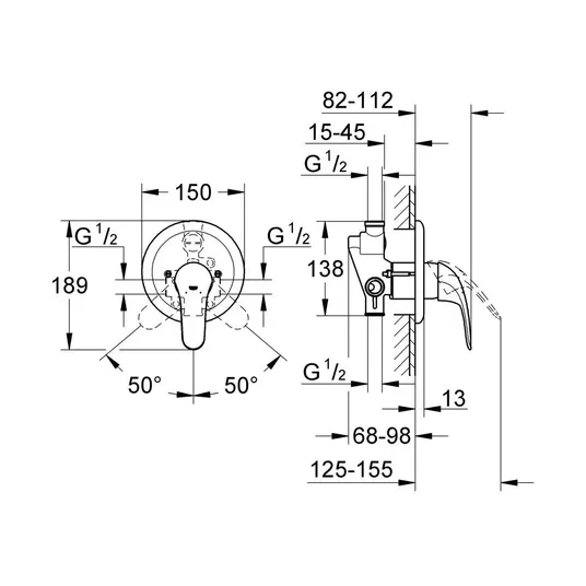 Grohe Eurosmart – į sieną įmontuojamas dušo maišytuvas, chromas 19451002