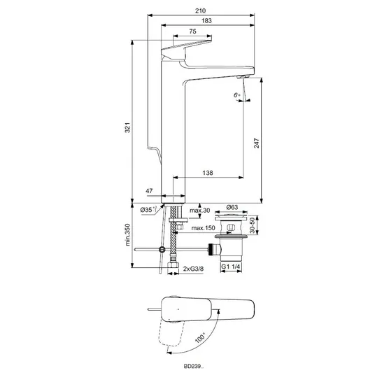 Ideal Standard CeraPlan - ühe hoova valamusegisti koos äravoolukomplektiga, BlueStart, kroom BD239AA
