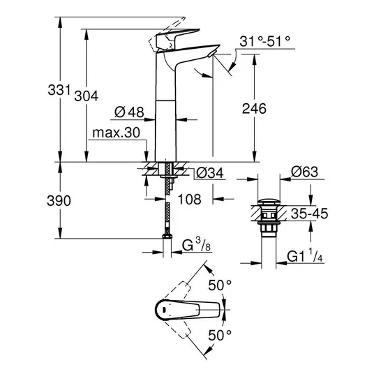 Grohe Start Edge - kraanikaussi kraanikaussi avaneva äravooluga, kroom 23777001