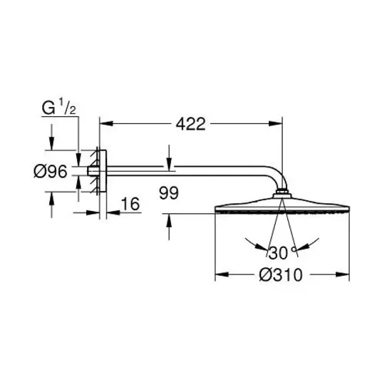 Grohe Rainshower - üleriigiline dušš 310 Mono 9,5 l/min, väljaulatuvus 42 cm, 1 vooluhulk, kroom 26558000