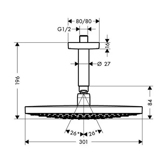 Hansgrohe Raindance Select S – dušo galvutė 300, išsikišimas 10 cm, 2 srovių tipai, chromuota 27337000