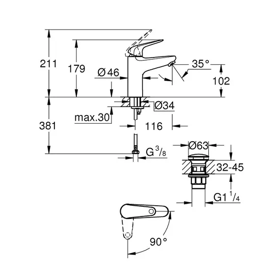 Grohe Swift - kraanikausisegisti Push-Open äravooluga, külmkäivitusega, kroomitud 24329001