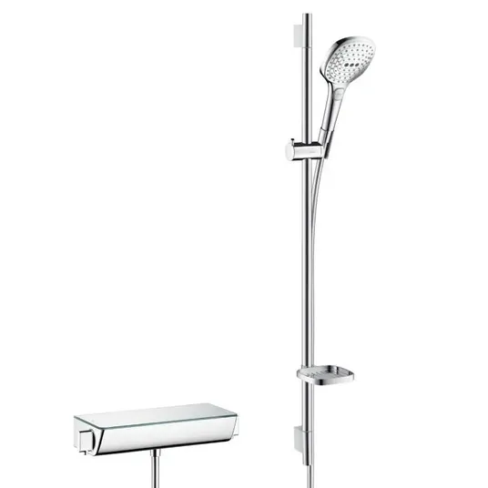 Hansgrohe Raindance Select E – dušo komplektas 120 su termostatiniais maišytuvais Ecostat Select, 3 srove, baltas / chromuotas 27039400