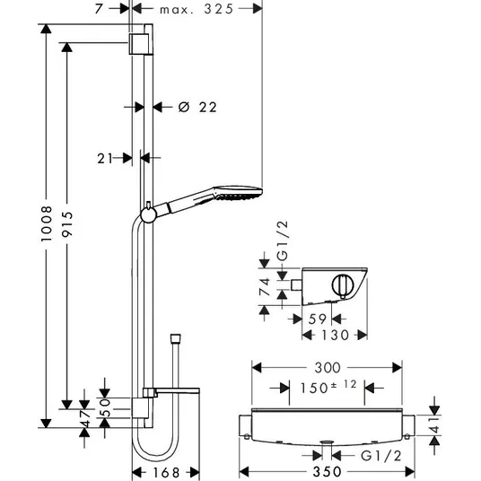 Hansgrohe Raindance Select E – dušo komplektas 120 su termostatiniais maišytuvais Ecostat Select, 3 srove, baltas / chromuotas 27039400