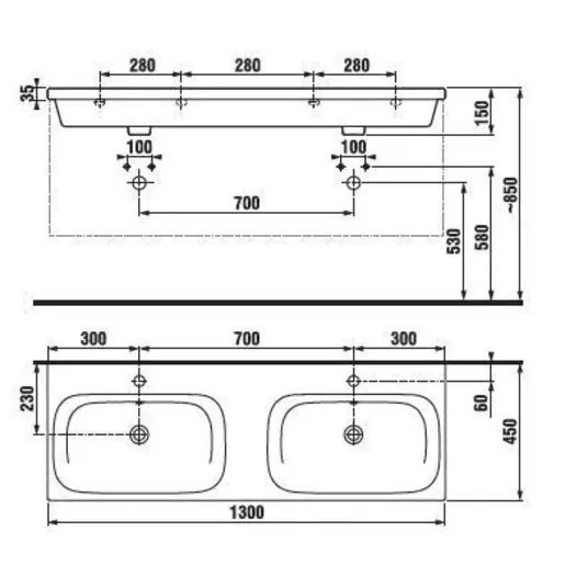 Jika Mio-N - Divvietīga izlietne 130x45 cm, ar pārplūdes atveri, 2 maisītāja atverēm, balta H8147140001041