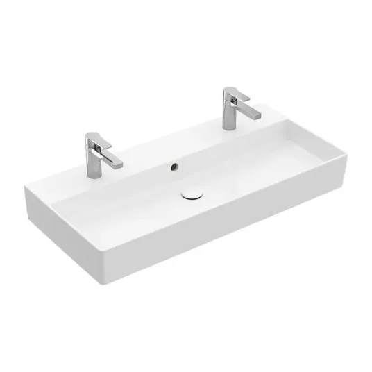 Villeroy &amp; Boch Memento 2.0 - Divvietīga izlietne 120x47 cm, ar pārplūdes vārstu, 2 atveres maisītājiem, CeramicPlus, Alpu balts 4A221LR1