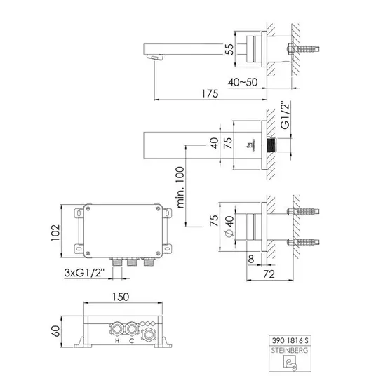 Steinberg iFlow – elektroninis termostatinis praustuvo maišytuvas – įmontuojamas, 2 skylių montavimas, juodas matinis 390 1816 S