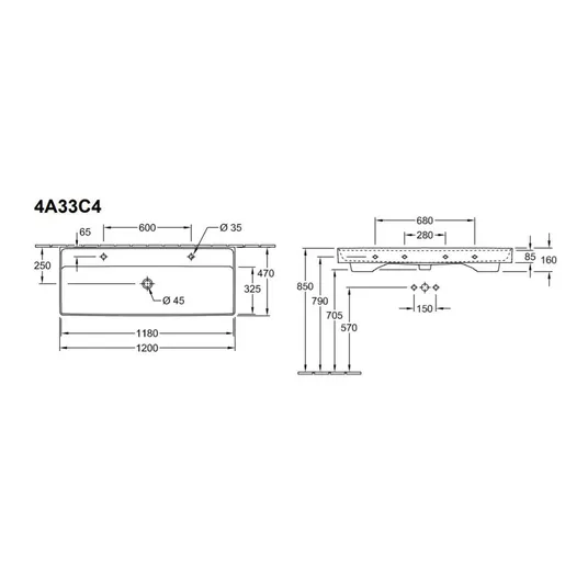 Villeroy &amp; Boch Collaro - Izlietnes skapītis, 120x47 cm, ar pārplūdes vārstu, 2 atveres maisītājiem, CeramicPlus, Alpu balts 4A33C4R1
