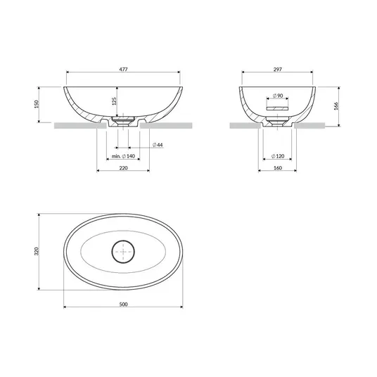 OMNIRES Shell M+ - Ant stalviršio pastatomas praustuvas 50x32 cm, be perpildymo angos, be skylės maišytuvui, baltas SHELL500UNBP
