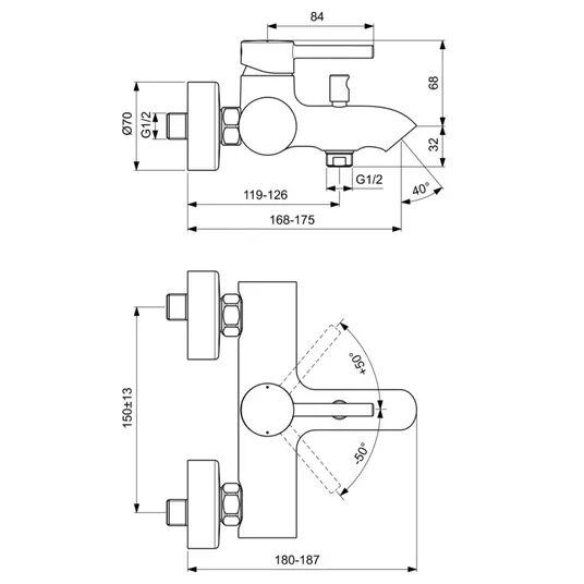 Ideal Standard CeraLine – UP vonios maišytuvas, sieninis laikiklis, chromas BC199AA