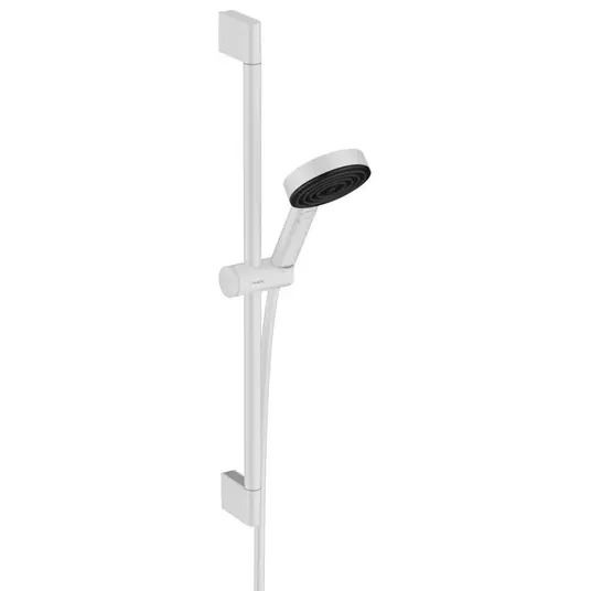 Hansgrohe Pulsify Select – dušo komplektas, 3 srovių tipai, EcoSmart, strypas 67 cm ir žarna, balta matinė 24161700