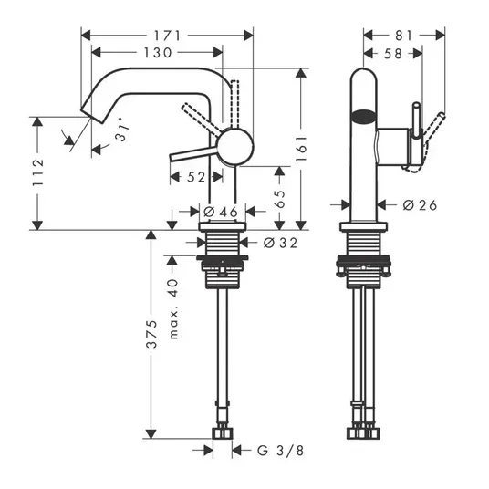 Hansgrohe Tecturis S – praustuvo maišytuvas, CoolStart, EcoSmart, matinis juodas 73321670