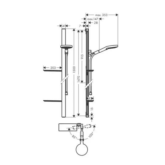 Hansgrohe Raindance – dušo komplektas Select S 120, 3 srove, dušo strypas 1,5 m, chromuotas 27646000